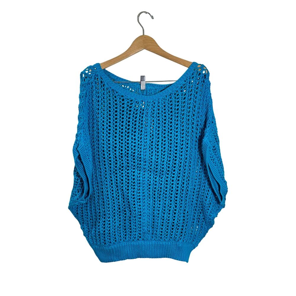 We The Free Blue Open Knit Crochet Sweater Pullover Cotton Size M NWT